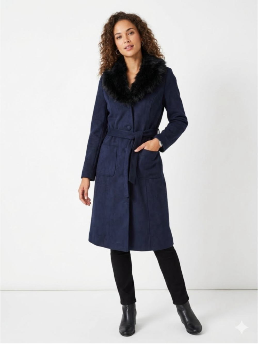 Women's ReyhanFaux Fur Collar Belted Trench Coat Jacket Navy Blue Size 40/Medium